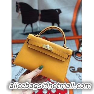 Shop Grade Hermes original mini Kelly chevre mysore K19CM Mango yellow&Gold Metal