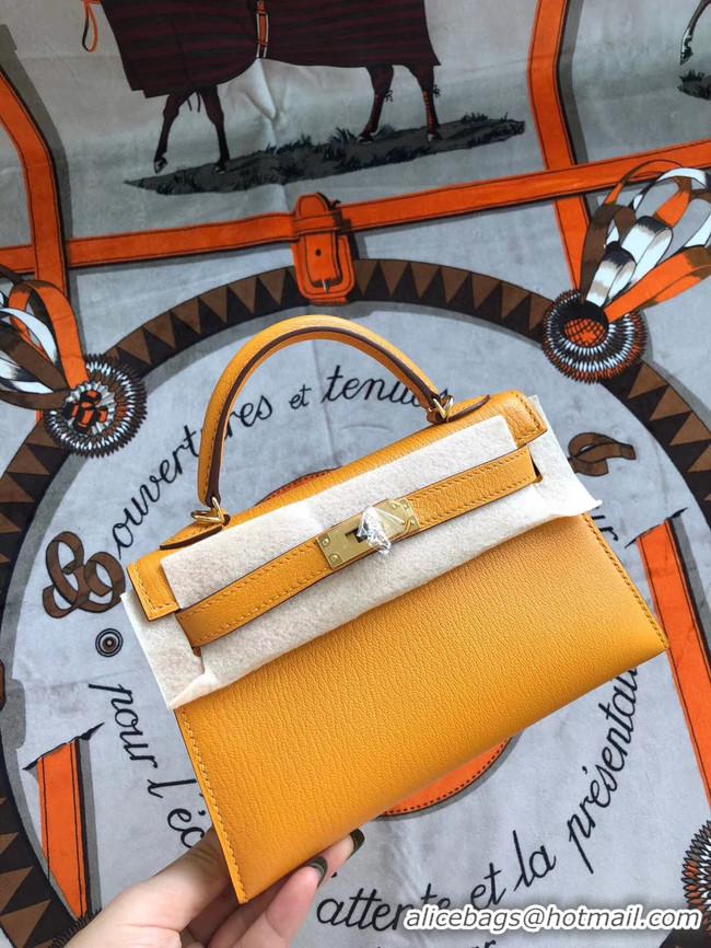 Shop Grade Hermes original mini Kelly chevre mysore K19CM Mango yellow&Gold Metal