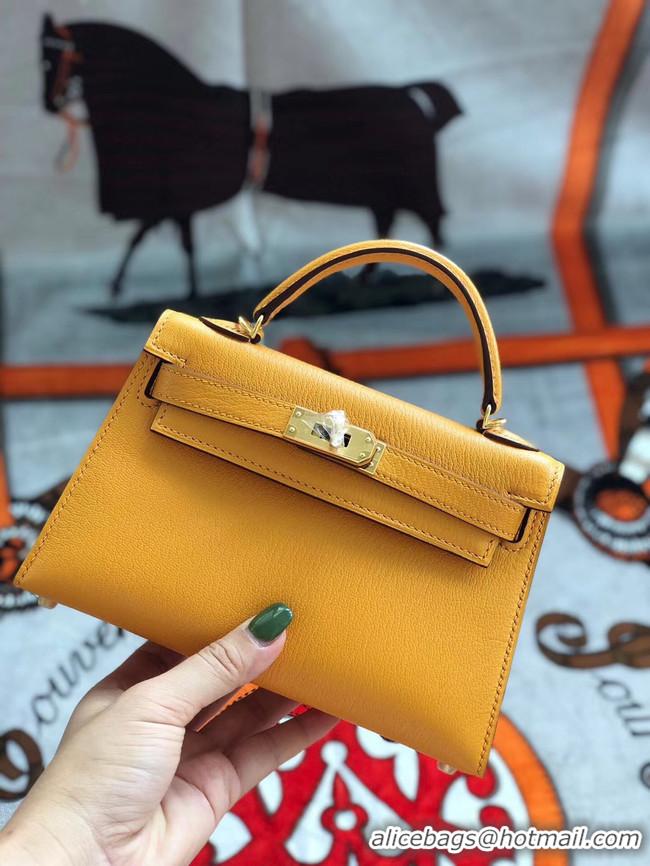 Shop Grade Hermes original mini Kelly chevre mysore K19CM Mango yellow&Gold Metal