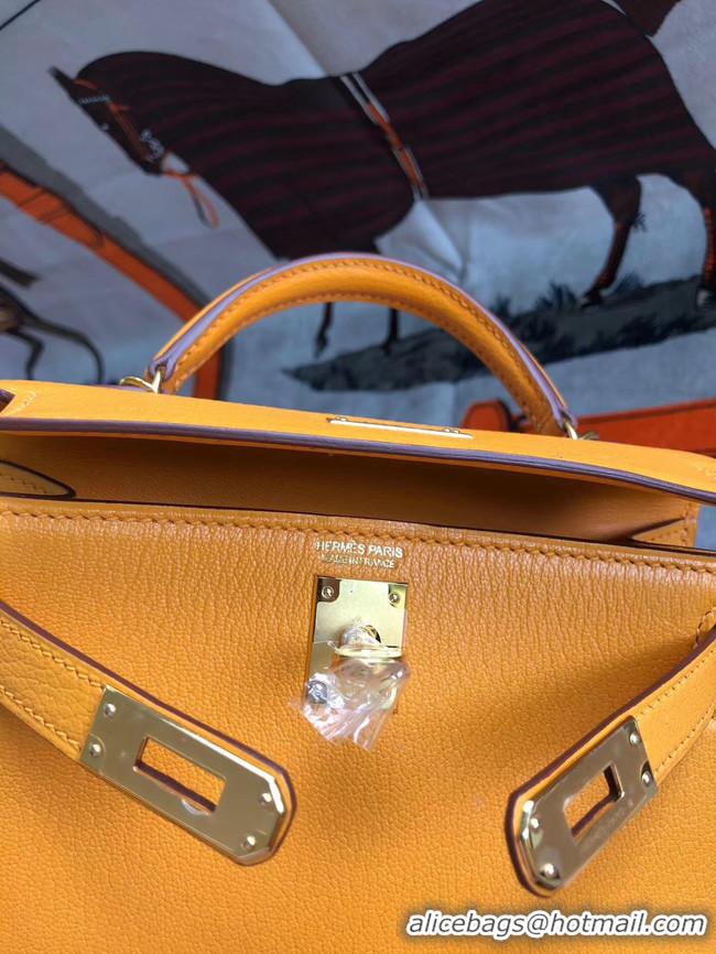 Shop Grade Hermes original mini Kelly chevre mysore K19CM Mango yellow&Gold Metal