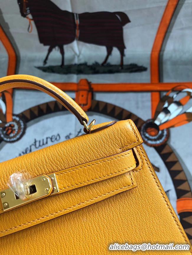 Shop Grade Hermes original mini Kelly chevre mysore K19CM Mango yellow&Gold Metal