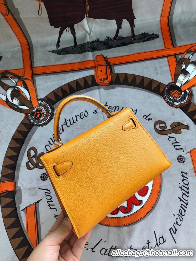 Shop Grade Hermes original mini Kelly chevre mysore K19CM Mango yellow&Gold Metal