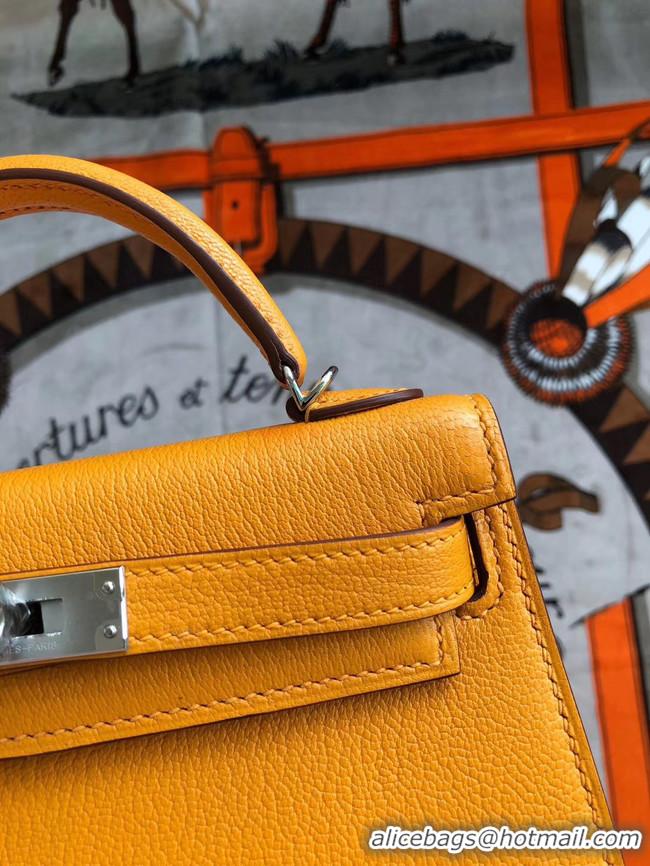 Buy Discount Hermes original mini Kelly chevre mysore K19CM Mango yellow&silver Metal