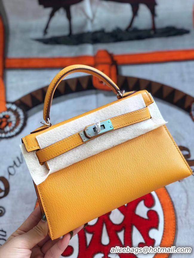 Buy Discount Hermes original mini Kelly chevre mysore K19CM Mango yellow&silver Metal