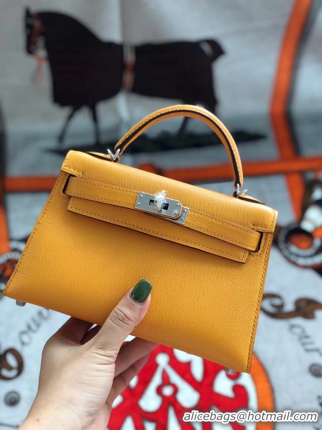 Buy Discount Hermes original mini Kelly chevre mysore K19CM Mango yellow&silver Metal