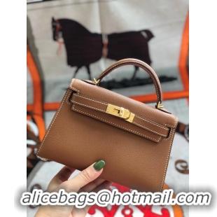 Good Quality Hermes original mini Kelly chevre mysore K19CM brown&Gold Metal