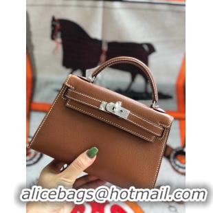 Super Quality Hermes original mini Kelly chevre mysore K19CM brown&silver Metal