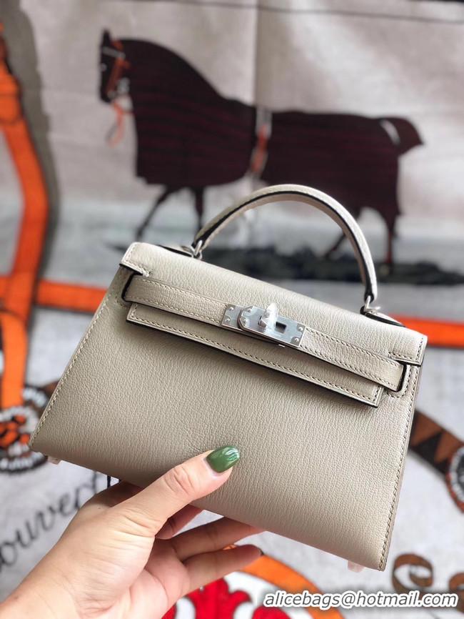 Grade Quality Hermes original mini Kelly chevre mysore K19CM light grey&silver Metal