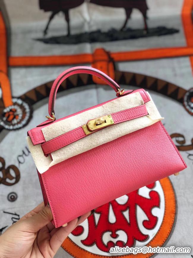 Unique Grade Hermes original mini Kelly chevre mysore K19CM Watermelon red&Gold Metal