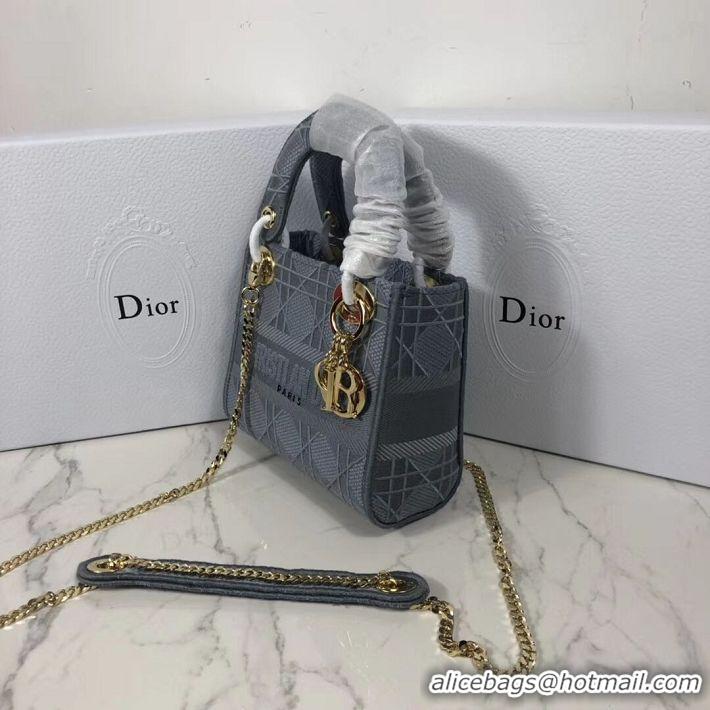 Top Design MINI LADY DIOR TOTE BAG IN EMBROIDERED CANVAS C4531 grey blue