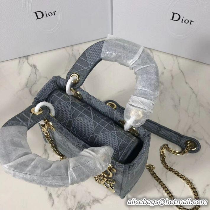 Top Design MINI LADY DIOR TOTE BAG IN EMBROIDERED CANVAS C4531 grey blue