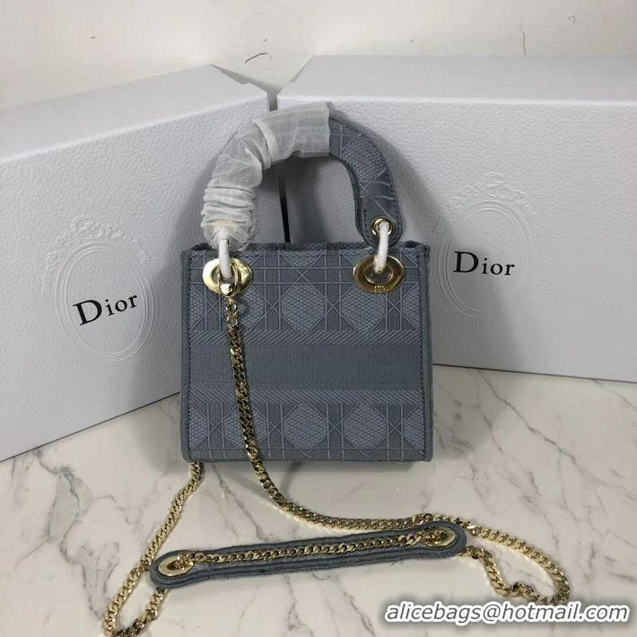 Top Design MINI LADY DIOR TOTE BAG IN EMBROIDERED CANVAS C4531 grey blue