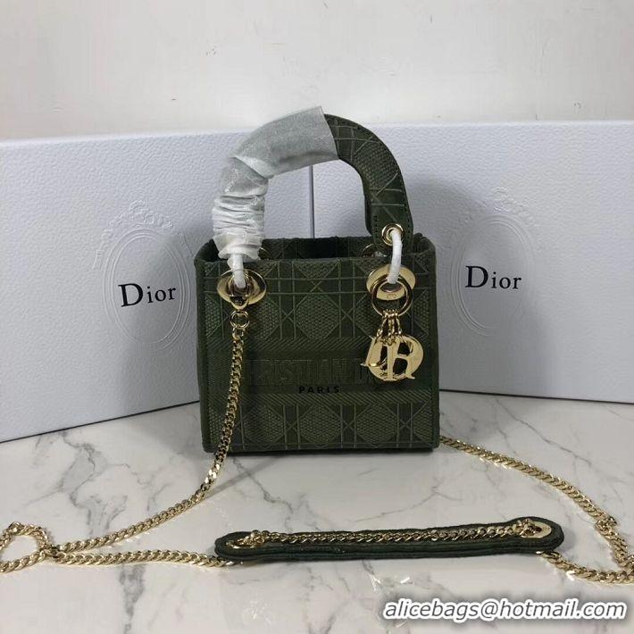 Discount MINI LADY DIOR TOTE BAG IN EMBROIDERED CANVAS C4531 Blackish green