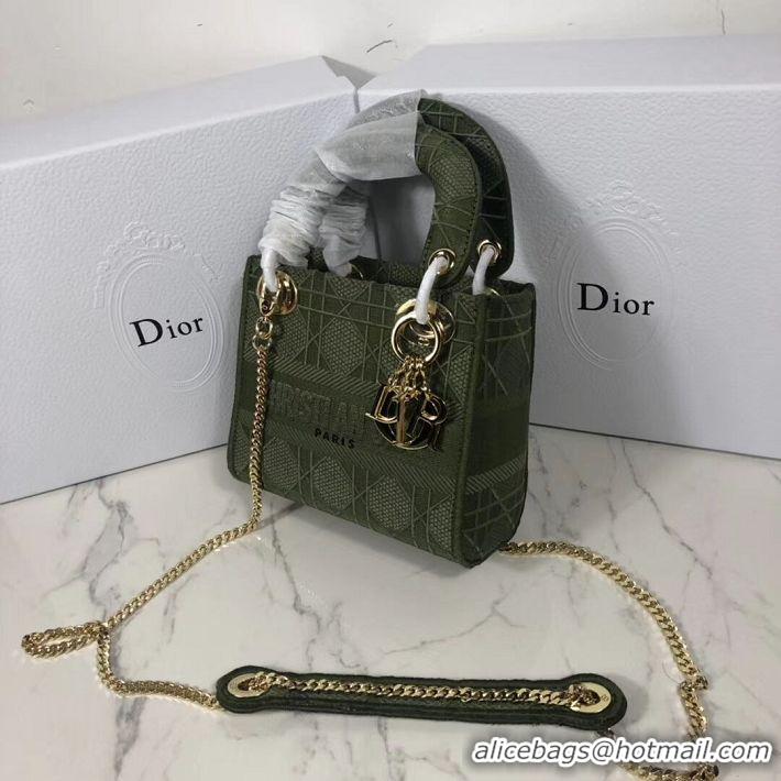 Discount MINI LADY DIOR TOTE BAG IN EMBROIDERED CANVAS C4531 Blackish green