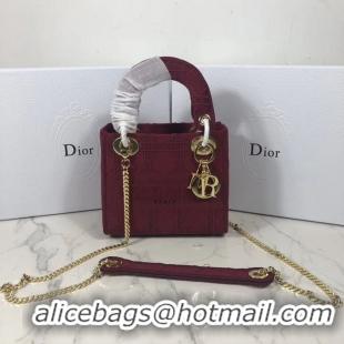 Free Shipping MINI LADY DIOR TOTE BAG IN EMBROIDERED CANVAS C4531 Bordeaux