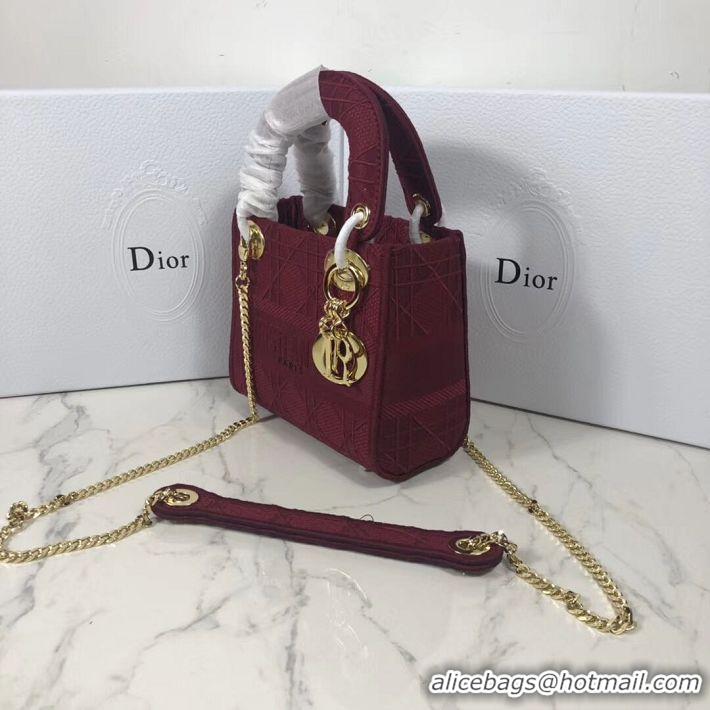 Free Shipping MINI LADY DIOR TOTE BAG IN EMBROIDERED CANVAS C4531 Bordeaux