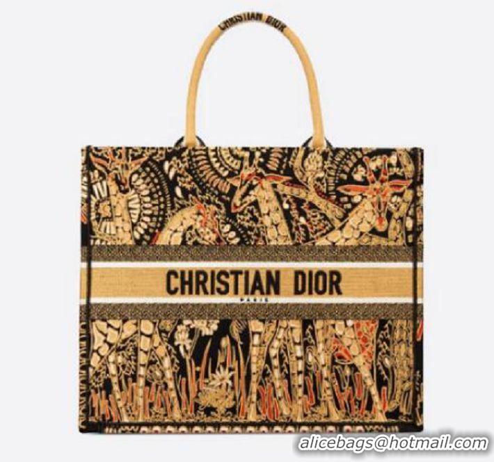 Famous Faux YELLOW AND BLACK DIOR BOOK TOTE DIOR ANIMALS EMBROIDERED CANVAS BAG M16E