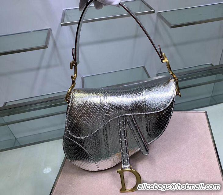 New Faux Dior SADDLE Snake skin tote C9046 silver