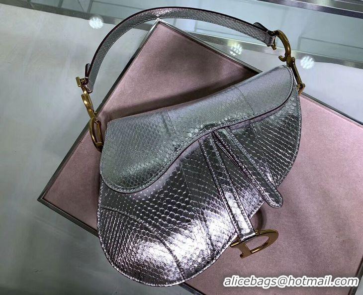 New Faux Dior SADDLE Snake skin tote C9046 silver