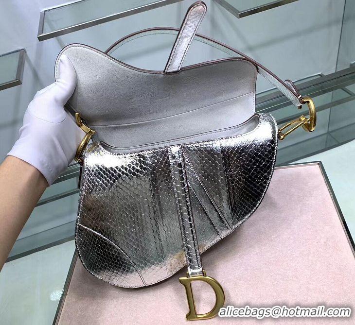 New Faux Dior SADDLE Snake skin tote C9046 silver