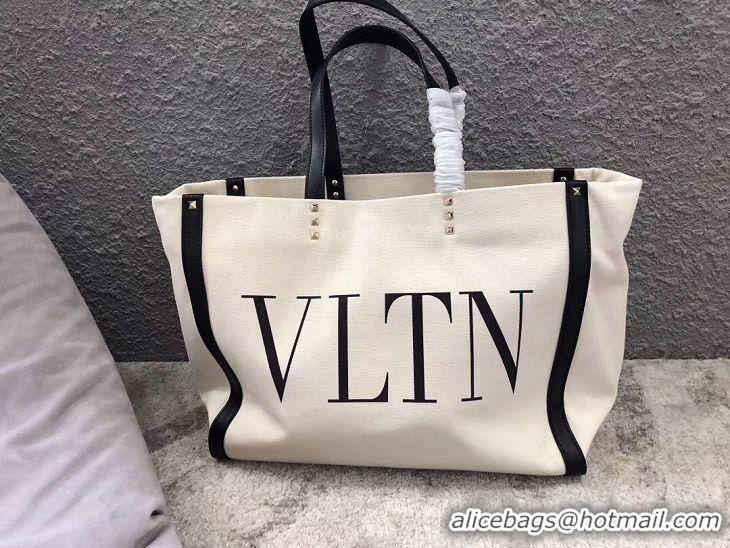 New Fashion VALENTINO Rockstud Canvas Shopping Bag V0978 Wihte&Black