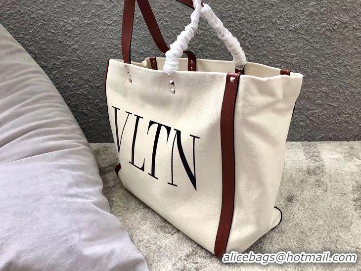 Low Cost VALENTINO Rockstud Canvas Shopping Bag V0978 Wihte&Wine