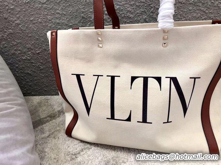 Low Cost VALENTINO Rockstud Canvas Shopping Bag V0978 Wihte&Wine