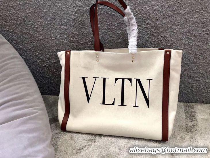 Low Cost VALENTINO Rockstud Canvas Shopping Bag V0978 Wihte&Wine