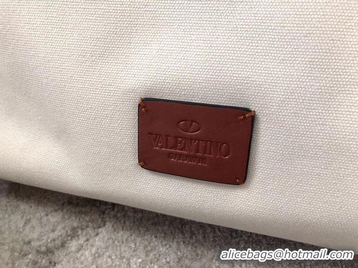 Low Cost VALENTINO Rockstud Canvas Shopping Bag V0978 Wihte&Wine