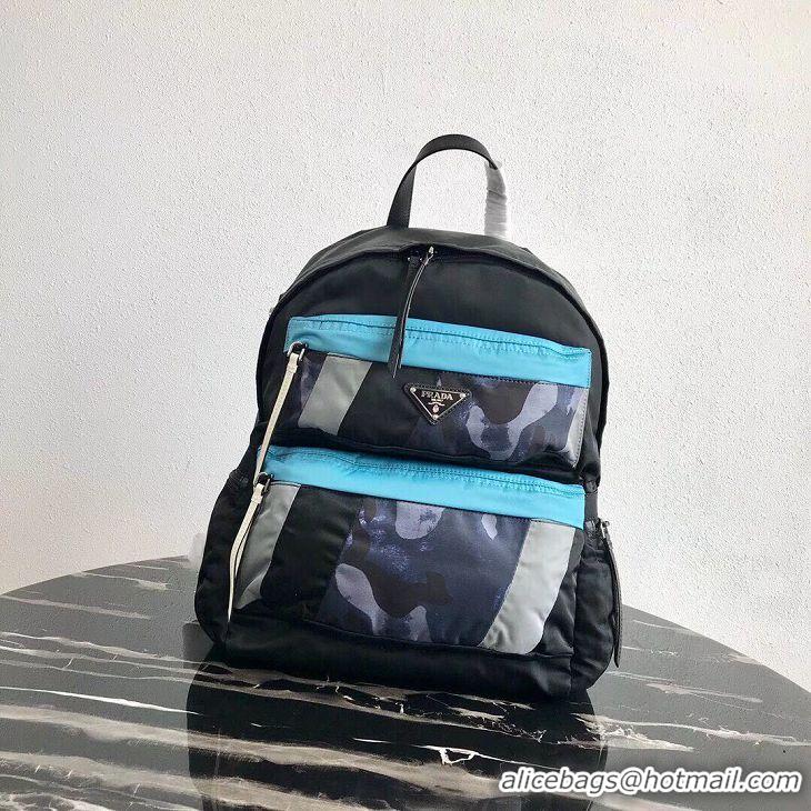 Shop Duplicate Prada Printed technical fabric backpack 2VZ025 black&blue