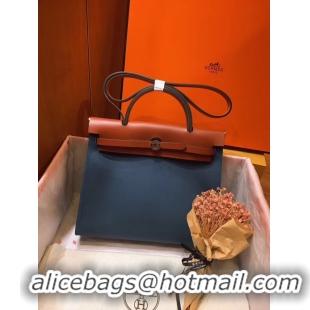 Top Quality Hermes Herbag 31CM Original Canvas Leather & Calfskin 45987 Blue&Brown