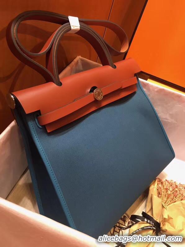 Top Quality Hermes Herbag 31CM Original Canvas Leather & Calfskin 45987 Blue&Brown