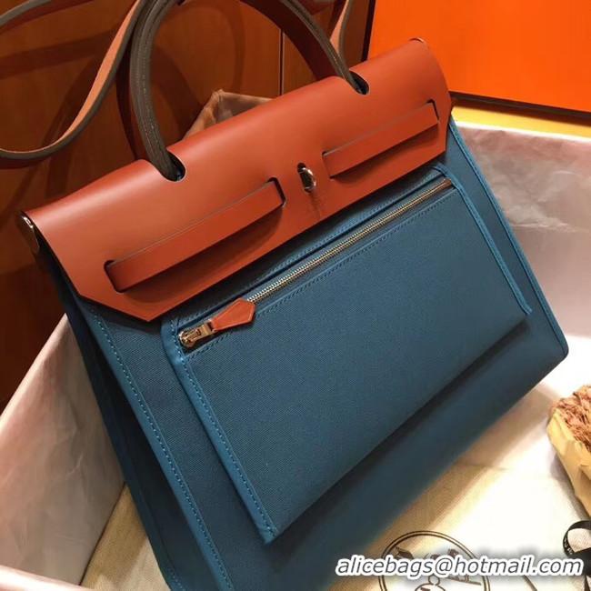 Top Quality Hermes Herbag 31CM Original Canvas Leather & Calfskin 45987 Blue&Brown