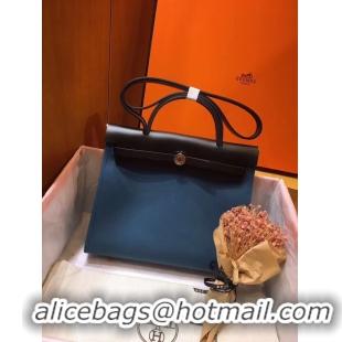 Top Grade Hermes Herbag 31CM Original Canvas Leather & Calfskin 45987 Blue&Black