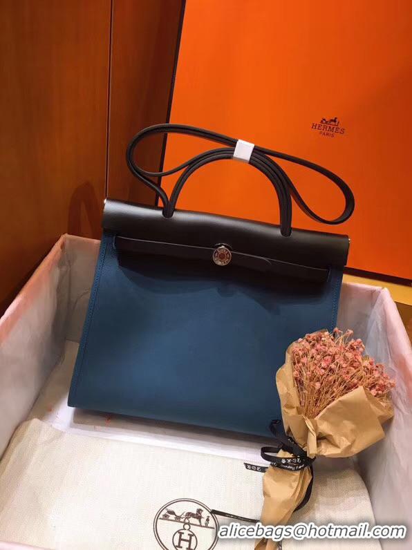 Top Grade Hermes Herbag 31CM Original Canvas Leather & Calfskin 45987 Blue&Black