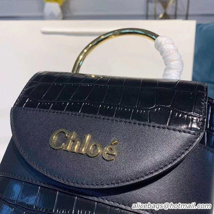 Reproduction Chloe Original Crocodile skin Leather Top Handle Small Bag 3S030 black