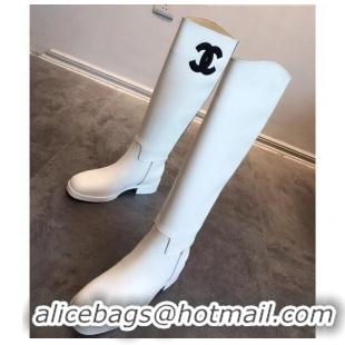 Pretty Style Chanel Classic Leather CC Flat High Boots White (DLY-9101923 )