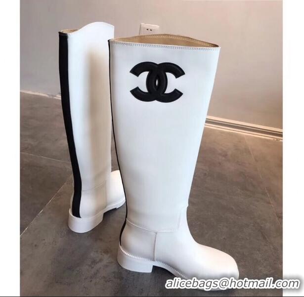 Pretty Style Chanel Classic Leather CC Flat High Boots White (DLY-9101923 )