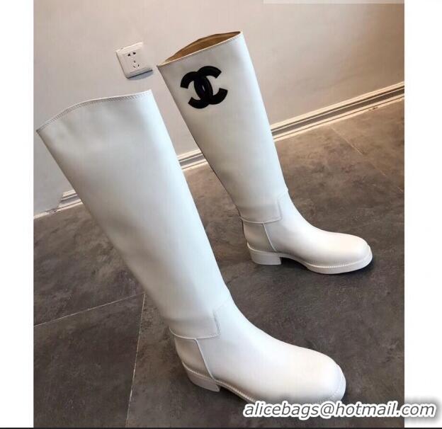 Pretty Style Chanel Classic Leather CC Flat High Boots White (DLY-9101923 )