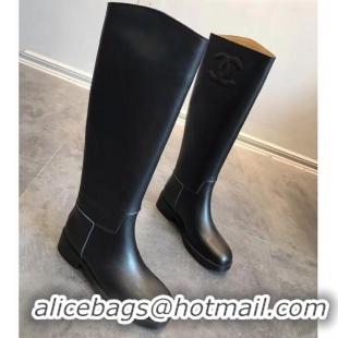 Low Price Chanel Classic Leather CC Flat High Boots Black (DLY-9101924 )