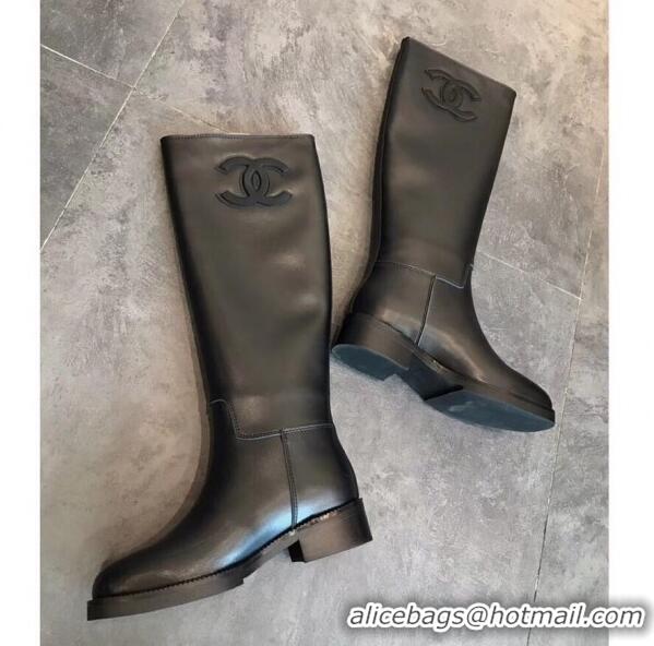 Low Price Chanel Classic Leather CC Flat High Boots Black (DLY-9101924 )