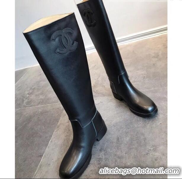 Low Price Chanel Classic Leather CC Flat High Boots Black (DLY-9101924 )