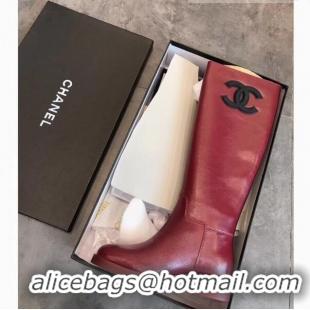 Most Popular Chanel Classic Leather CC Flat High Boots Burgundy (DLY-9101925 )