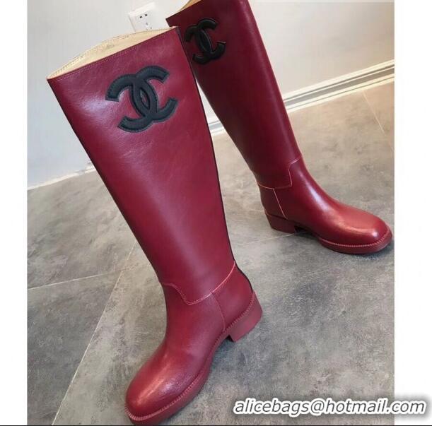 Most Popular Chanel Classic Leather CC Flat High Boots Burgundy (DLY-9101925 )