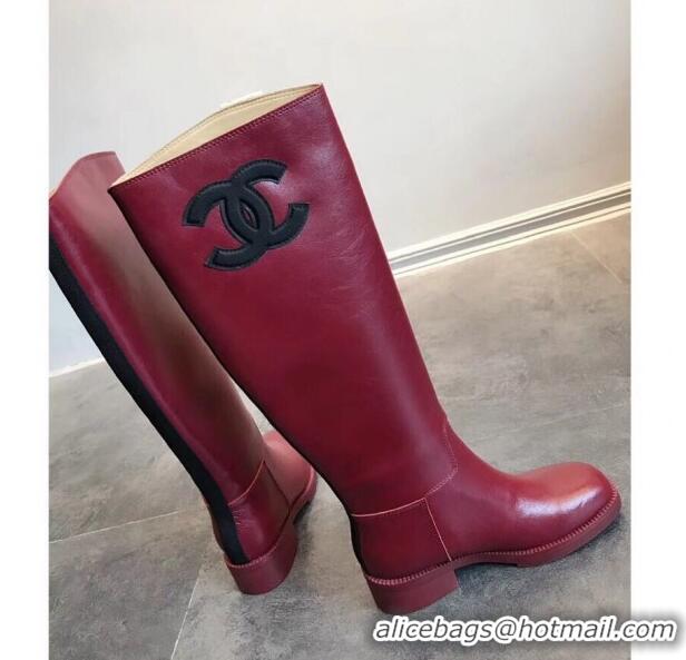 Most Popular Chanel Classic Leather CC Flat High Boots Burgundy (DLY-9101925 )