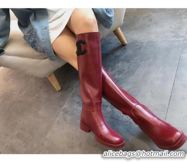 Most Popular Chanel Classic Leather CC Flat High Boots Burgundy (DLY-9101925 )