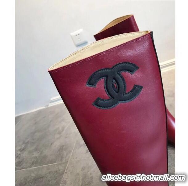 Most Popular Chanel Classic Leather CC Flat High Boots Burgundy (DLY-9101925 )