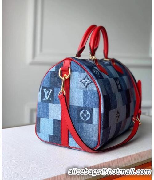 Discount Louis Vuitton Speedy Bandoulière 30 in Damier Monogram Denim Canvas M45041 Blue/Red