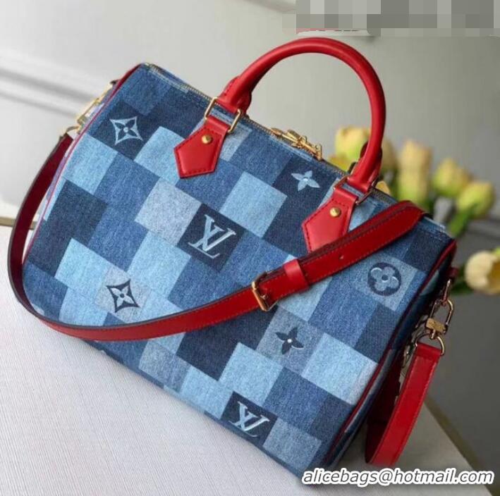 Discount Louis Vuitton Speedy Bandoulière 30 in Damier Monogram Denim Canvas M45041 Blue/Red