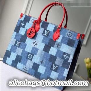 Fashion Discount Louis Vuitton Monogram Damier Denim Canvas Onthego Tote Bag M44992 Blue/Red